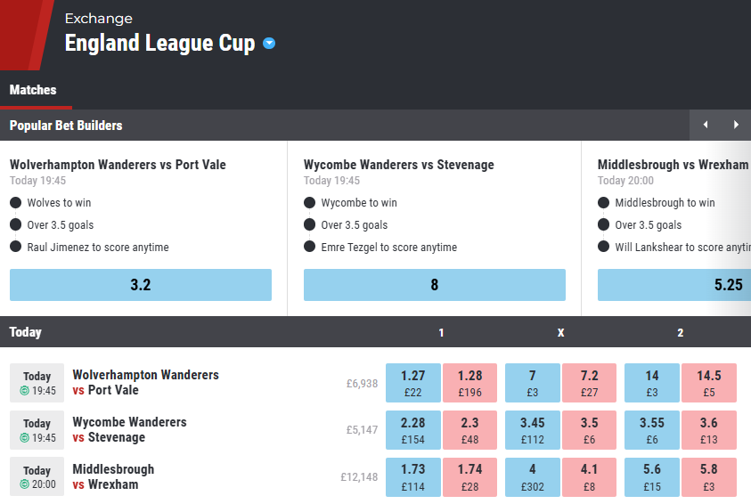 TeamMatchbook's tweet photo. Believe it or not, the Carabao Cup is back tonight with three games:

19:45 - Wolves vs Port Vale
19:45 - Wycombe vs Stevenage
20:00 - Middlesbrough vs Wrexham

Check out all of Matchbook's markets on our app 📲 https://t.co/TlgE0OBB0k