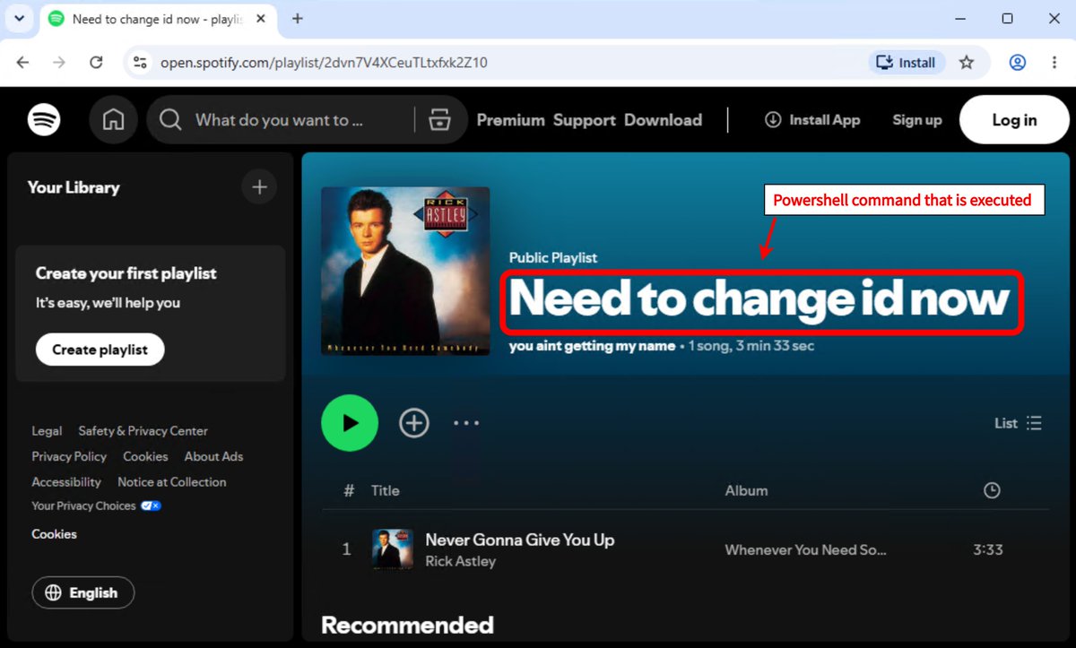 GenThreatLabs's tweet photo. When was the last time you got rickrolled? 🪩🕺

We were starting to think malware authors had lost all sense of humor, but then we found this sample that runs whatever PowerShell command a Spotify playlist is named.

And that playlist turns out to have rather refined taste, containing a single track: Never Gonna Give You Up by Rick Astley.

Rename the playlist, and you have just pushed a new command to every infected machine.

IoCs:
open.spotify[.]com/playlist/2dvn7V4XCeuTLtxfxk2Z10
open.spotify[.]com/playlist/77UhzsiaoltLTvTgnY5jHI

a7df9a9665a96ca5814b40e4c6aac121d8822fd702d80b597b567b274ac943fd
8cfaa9120e316c59e4d6fa3093c7fe19e231b0ff1d39baa3993742627e26e105
22c9422358273b2c9ce7c6641f925e34ba1197efa7363ce8fc1553e105746df3
55565dd4f8070624f2a18e9ddd1ca6a04f46b587a6e0c9e804f60603c0258f82
4b4ae799a07bd7bc4b9bbce47fe30055f2257e05043e9c7a8be0d556ef55d718