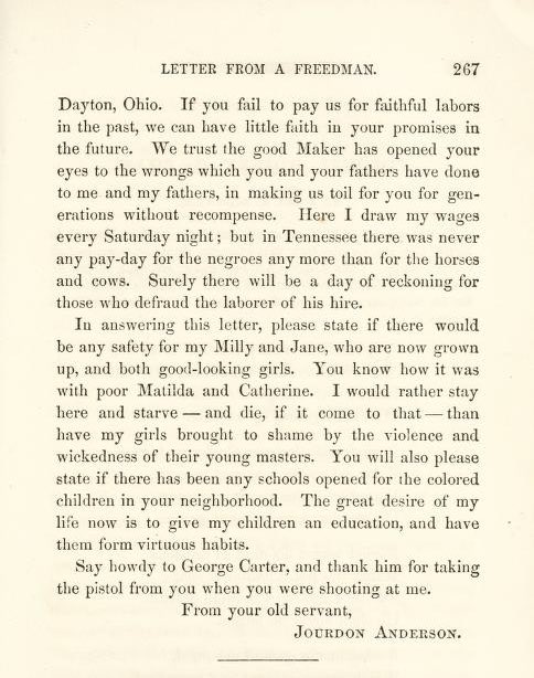HumanAtlas's tweet photo. On August 7, 1865, Jourdon Anderson answered a letter from the man who had once enslaved him.

The man wanted Jourdon and his family to return to Tennessee.

Jourdon was living in Ohio.
He earned wages.
His children went to school.
His wife, Mandy, was called Mrs. Anderson.

Before considering the offer, he asked for something.

The wages he and Mandy were owed for the years they had worked without pay.
He calculated the amount himself: $11,680, plus interest.

He also asked whether any schools had opened for Black children nearby.
He wanted his daughters educated.

The man who once decided whether Jourdon could leave was asking him to come back.

This time, Jourdon got to answer.
