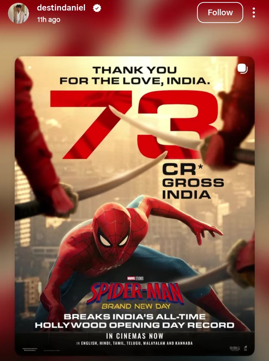 AwaaraHoon's tweet photo. till now Destin Daniel Cretton only shared one Instagram story regarding Spider-Man Brand New Day box office and it was about India day 1 collections. It shows how important Indian market has become for Hollywood 🫡 https://t.co/xPR5RmNM7S