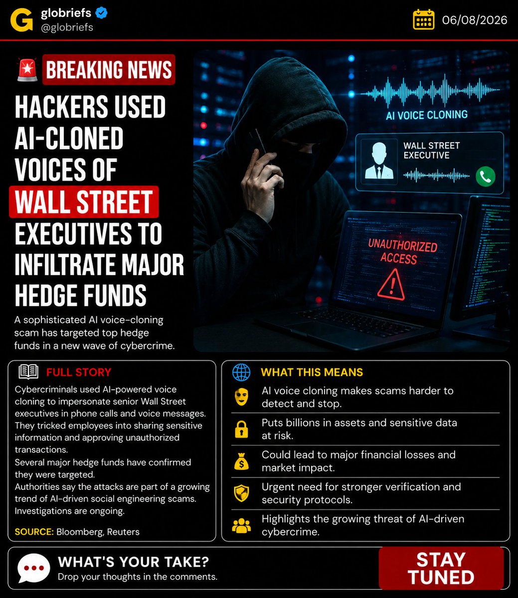 globriefs's tweet photo. 🎙️ “That call from your CEO? It might be AI.”
Hackers used cloned voices to trick Wall Street. Scary new era of cybercrime.
#AIScam #CyberAttack #BreakingNews https://t.co/D2u8DHwzkk