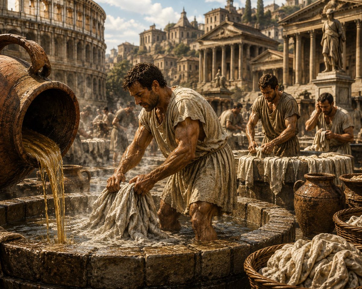 caveofvictory's tweet photo. Romans Used Urine to Wash Clothes: Imagine finding out that ancient Romans actually collected urine to wash their clothes.

Around the 1st century AD, Roman laundry workers called fullers collected urine from public containers and used it to clean dirty clothes.

Why urine? As it breaks down, it produces ammonia, which helps remove grease, dirt, and stains.

The Romans didn’t know the chemistry behind it. They just knew it worked.

And it became so valuable that Emperor Vespasian even taxed the urine trade.

So, in ancient Rome, urine wasn’t just waste.

It was laundry detergent and apparently, taxable laundry detergent.