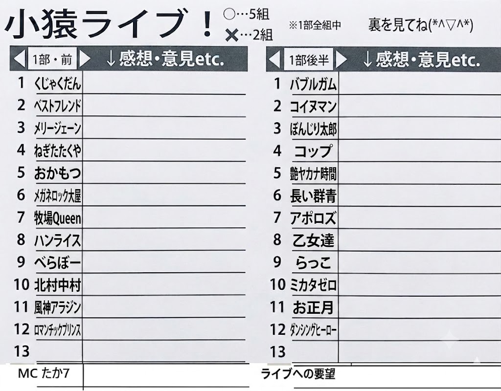 takastarfire's tweet photo. 日曜日１本目(*^_^*)

小猿ライブ(*^_^*)

上位1組、 大首領大猿ライブ(賞金５０、０００円)　へオファー！

次の1組、　首領猿ライブ(賞金２５，０００円)　へオファー！

2026年8月9日 (日曜日) 11時25分~14時30分@ 新宿バッシュ
小猿ライブ！☆☆☆ 〜ネタライブ〜

開場11時15分
１部 開演11時25分 終演13時
２部 開演13時 終演14時30分
※エンディングが10分ほどあります。

会場 新宿バッシュ
住所 新宿区歌舞伎町1-28-3 武井ビル２F

チケット
1部2部の内 1つ見るなら1200円
2つ見るなら1500円

配信1500円(アーカイブ有)
https://t.co/NBFfHPDJjs

MC　藤田早希

1部前半
くじゃくだん
ベストフレンド
メリージェーン
ねぎたたくや
おかもつ
メガネロック大屋
牧場Queen
ハンライス
べらぼー
北村中村
風神アラジン
ロマンチックプリンス

1部後半
バブルガム
コイヌマン
ぼんじり太郎
コップ
艶ヤカナ時間
長い群青
アポロズ
らっこ
ミカタゼロ
お正月
ダンシングヒーロー

【2部前半】
くじゃくだん
頭蓋骨粉砕！
YOSHINO
ガチコジ
残像ジョバンニ
ライズマン
アポロズ
大塚ギガント
らんちゅう
アンタゴニスト

【2部後半】
ジャガモンド
かにポップ
ねこじゃらし
アクシデンタル
中華大満足
ツキオラバンカ
本チャパ
レモンと炭酸
ドレッドマネー
蒲田キック・パンチ

その他

スポンサー様

#FAIRYTAIL
https://t.co/1znz3HFJyW

今後のライブ全日程こちらです🙇
https://t.co/DDd0vQHrwM

ホームページ
https://t.co/kzLF6zopIO

チケット予約はTwitterでもオープンチャットでも公式LINEでも芸人さんでも大丈夫です。
↓

オープンチャット「肉食、疾風、小猿、首領猿、チケット予約」
https://t.co/PcDl631YKd

公式LINE
https://t.co/YJqMnmq6fy

どの場合でも芸人さんにバックつきます。