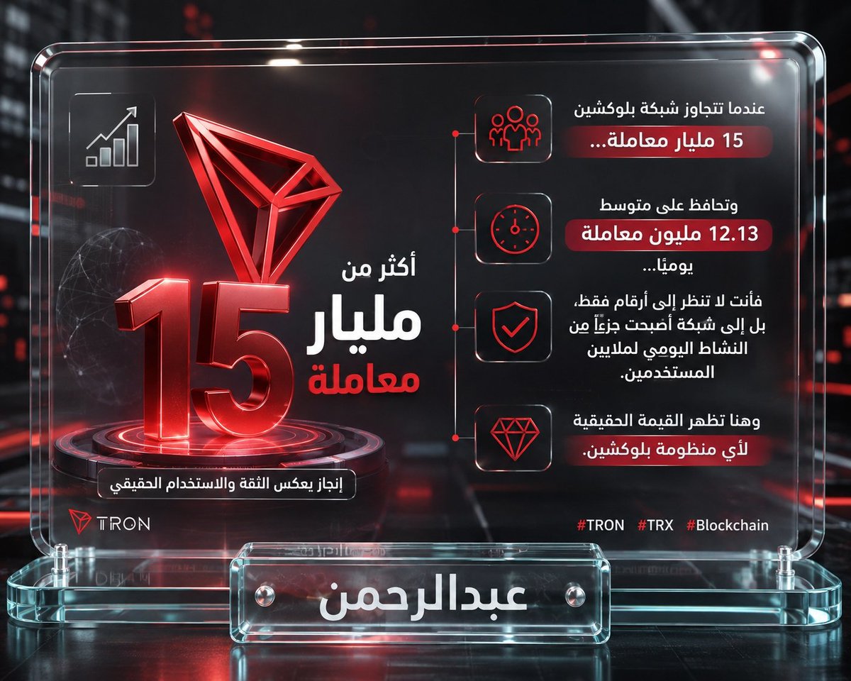 MeloRaupp's tweet photo. عندما تتجاوز شبكة بلوكشين 15 مليار معاملة.

وتحافظ على متوسط 12.13 مليون معاملة يوميًا.

فأنت لا تنظر إلى أرقام فقط، بل إلى شبكة أصبحت جزءًا من النشاط اليومي لملايين المستخدمين.

وهنا تظهر القيمة الحقيقية لأي منظومة بلوكشين.

#TRON #TRX #Blockchain

#TRON #TGF #TRONGlobalFriends
@trondao @TronDao_AR @justinsuntron