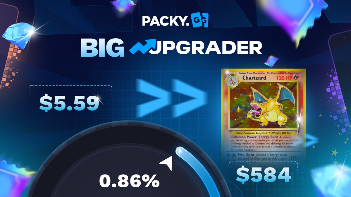 packydotgg's tweet photo. Upgrader doesn't stop to amaze us 

$5.59 just printed a $584 Charizard 😭

Tag a friend who hits even lower odds for a shot at $25 💰 https://t.co/nu9f1fdLAg