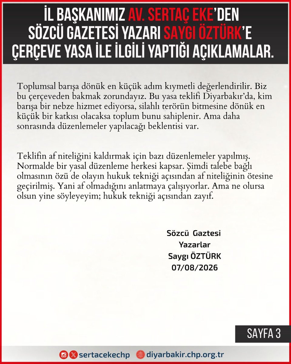 sertacekechp's tweet photo. Bugün, Sözcü Gazetesi’nin ve ülkemizin saygın gazetecilerinden Sayın Saygı Öztürk, köşesinde çerçeve yasaya ilişkin değerlendirmelerimize geniş yer verdi.

Demokratikleşme, hukuk devleti ve toplumsal barış perspektifiyle ortaya koyduğumuz görüşlerin kamuoyuyla buluşmasına katkı sunan Sayın Öztürk’e teşekkür ediyor, yazısını ilgiyle okumanızı tavsiye ediyorum.