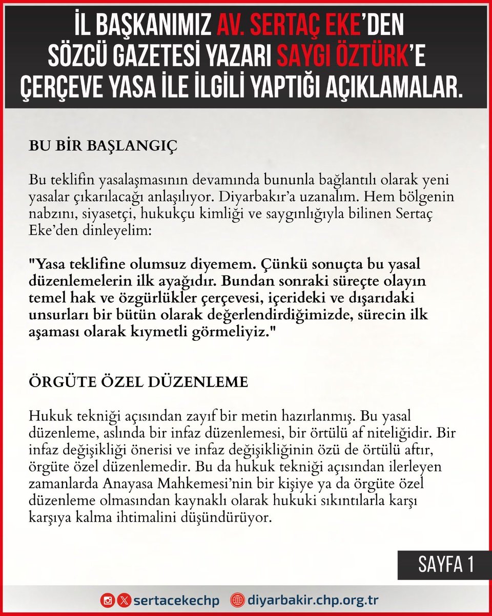 sertacekechp's tweet photo. Bugün, Sözcü Gazetesi’nin ve ülkemizin saygın gazetecilerinden Sayın Saygı Öztürk, köşesinde çerçeve yasaya ilişkin değerlendirmelerimize geniş yer verdi.

Demokratikleşme, hukuk devleti ve toplumsal barış perspektifiyle ortaya koyduğumuz görüşlerin kamuoyuyla buluşmasına katkı sunan Sayın Öztürk’e teşekkür ediyor, yazısını ilgiyle okumanızı tavsiye ediyorum.