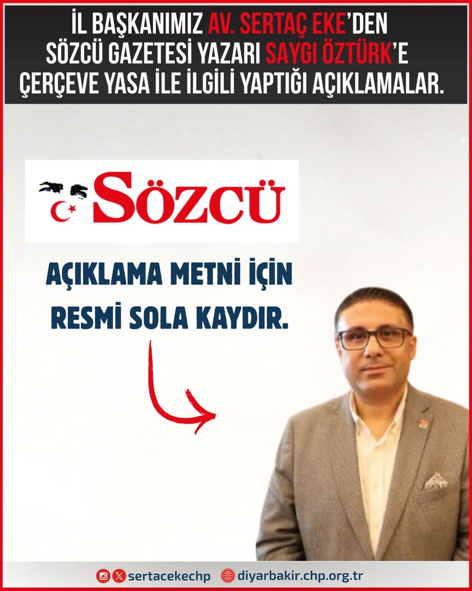 sertacekechp's tweet photo. Bugün, Sözcü Gazetesi’nin ve ülkemizin saygın gazetecilerinden Sayın Saygı Öztürk, köşesinde çerçeve yasaya ilişkin değerlendirmelerimize geniş yer verdi.

Demokratikleşme, hukuk devleti ve toplumsal barış perspektifiyle ortaya koyduğumuz görüşlerin kamuoyuyla buluşmasına katkı sunan Sayın Öztürk’e teşekkür ediyor, yazısını ilgiyle okumanızı tavsiye ediyorum.