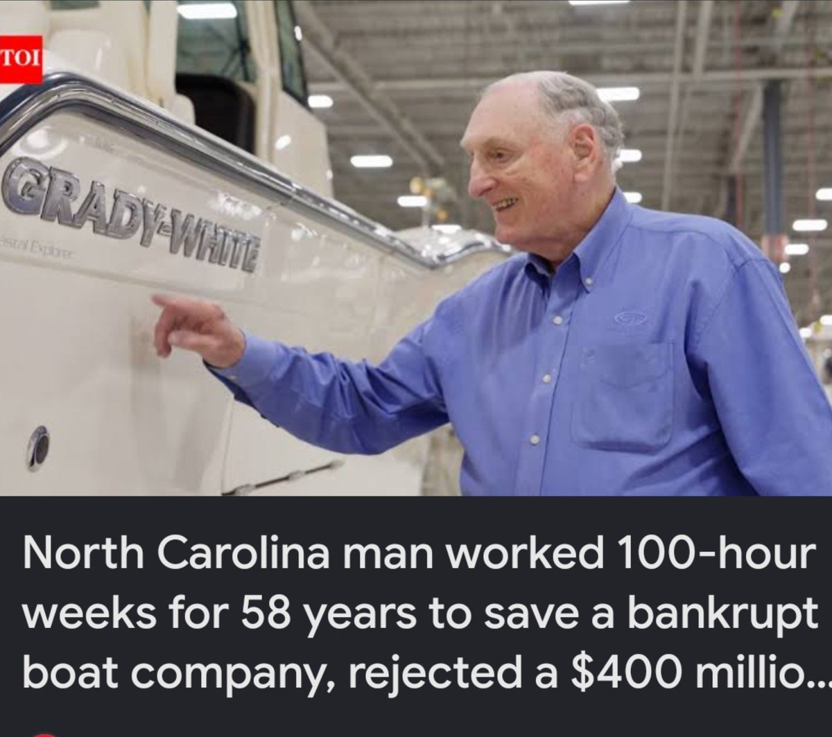 bud33345's tweet photo. Hometown legend: Eddie Smith Jr. saved Grady-White Boats in Greenville when it was going under in 1968, worked insane hours for decades, built it into a top brand… and at 83 just turned down $400M+ offers so the company stays independent forever and future profits go to charity. Purpose over payday. Not only is Eddy a legend in NC. He is the heartbeat of hardwork and the American dream. 🇺🇸That’s how you leave a real legacy. 👍
