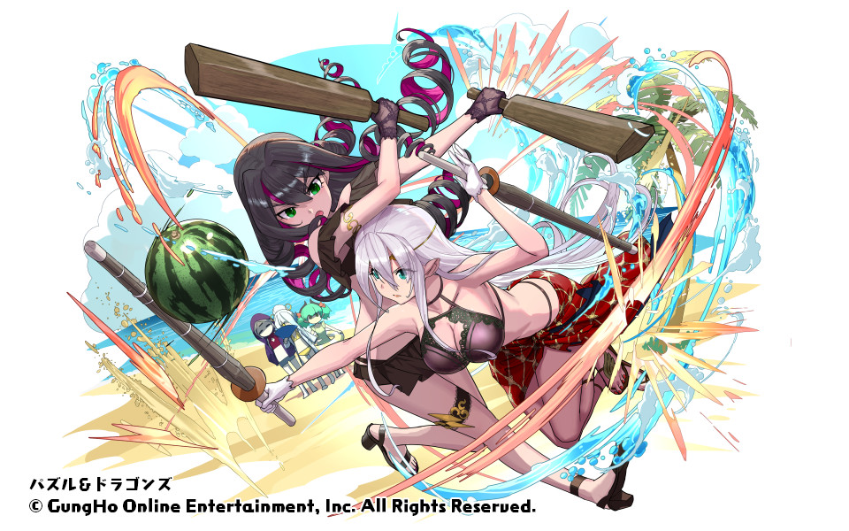 Yosuke_Adachi's tweet photo. 本日より開催中のパズドラ夏休みにて「渚の激闘・エルフリーデVSフィアメル」イラスト担当しました！
スイカ割とは！？
#パズドラ https://t.co/JKyfT3v7D4