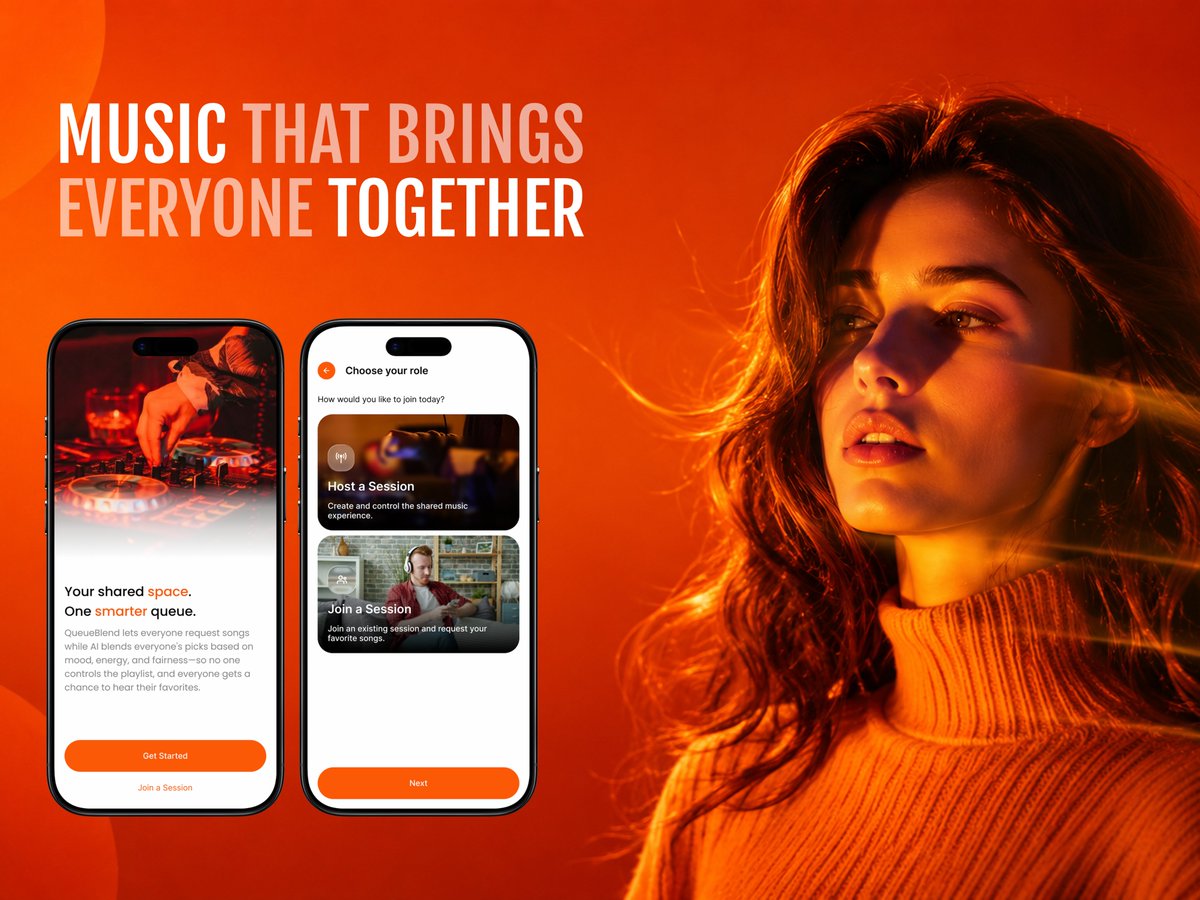 ensuesoft's tweet photo. 🎵 Introducing QueueBlend — an AI-powered collaborative music app concept.

Create or join a session, request your favorite songs, and let AI build the perfect queue based on mood, energy, and fairness.

Designed in Figma.

#UIDesign #UXDesign #MobileApp #MusicApp #AI #Ensuesoft https://t.co/cI9TIbnZHM