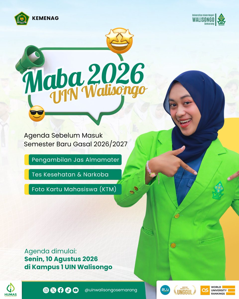 UinWSofficial's tweet photo. Maba UIN Walisongo 2026 Siap-siap! Agenda Semester Gasal 2026/2027 segera dimulai!

Mulai Senin, 10 Agustus 2026 kegiatan sudah mulai dengan kegiatan Tes Kesehatan/Narkoba, foto KTM, dan Pengambilan Jas Almamater
Semuanya dilaksanakan di Kampus 1 UIN Walisongo https://t.co/lNroQIVHU3