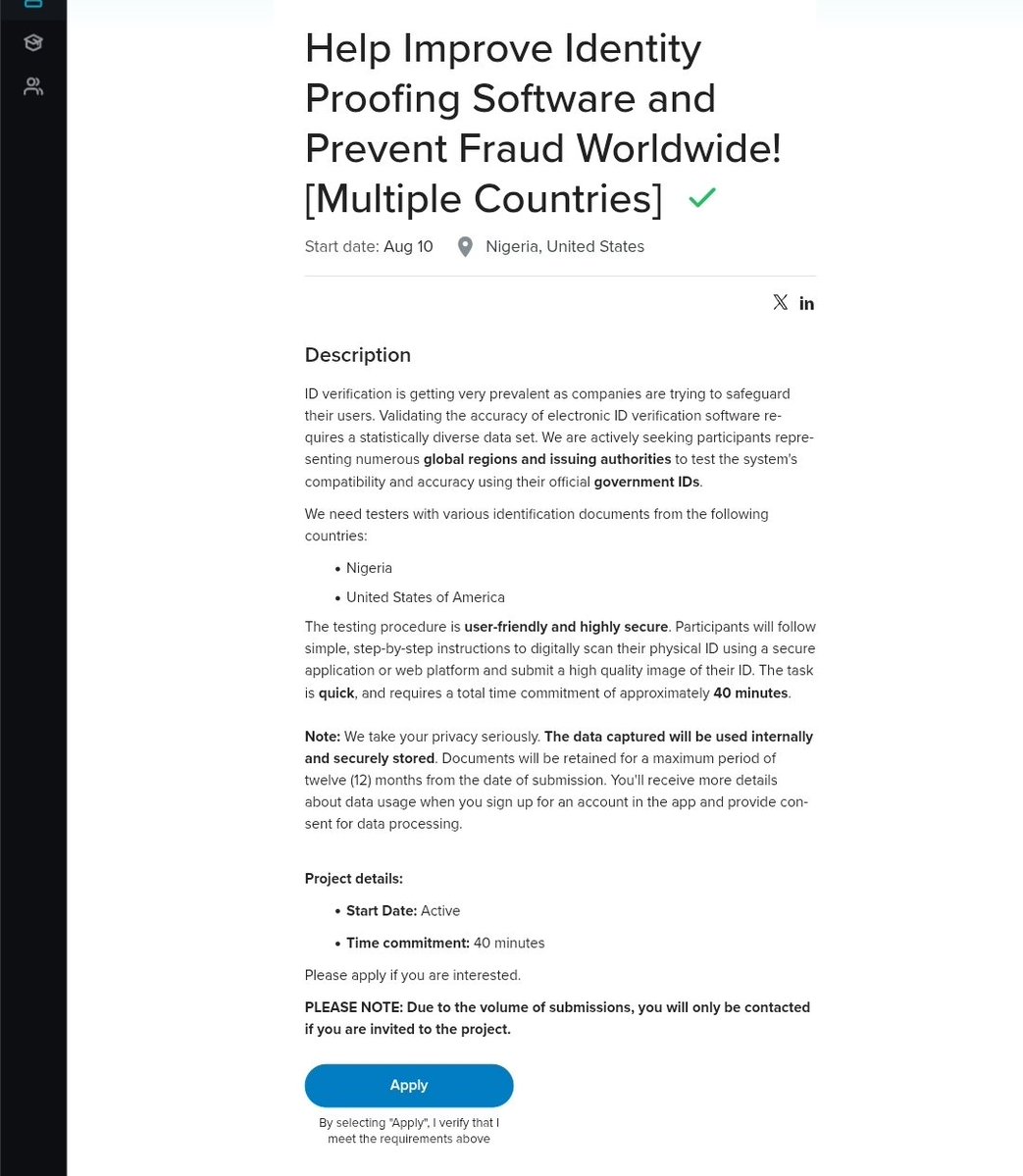 OlatunjiAyokan2's tweet photo. 🇳🇬 Nigerians, here's another paid uTest opportunity.

Help test an identity verification (ID proofing) system.

💰 Payment: $25
⏱️ Time: About 40 minutes
🌍 Nigeria & USA

Requirements:
✅ A valid Nigerian government-issued ID
✅ Ability to scan and upload your ID following the provided instructions

If you qualify, apply now.

The application link is in the comment section.