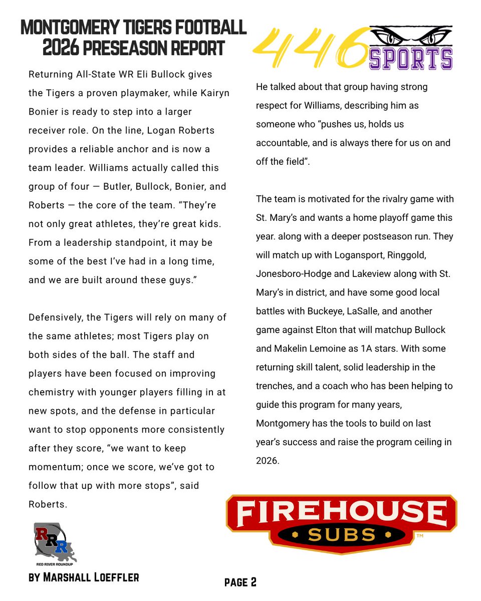 RedRiverRoundup's tweet photo. Montgomery made the playoffs last year, and has a group coming back ready for more. Tigers Football Preseason Report is below! @446Sports @EliBullock4wr @NorthshorePrepR @ShannonBelt3 @JasonDuhe @GridironFootbal @JaceLejeune @harrisonvapnek @BootBallerz @b_hoss_mac @Talkin_BallLA https://t.co/aF9bJxRItw