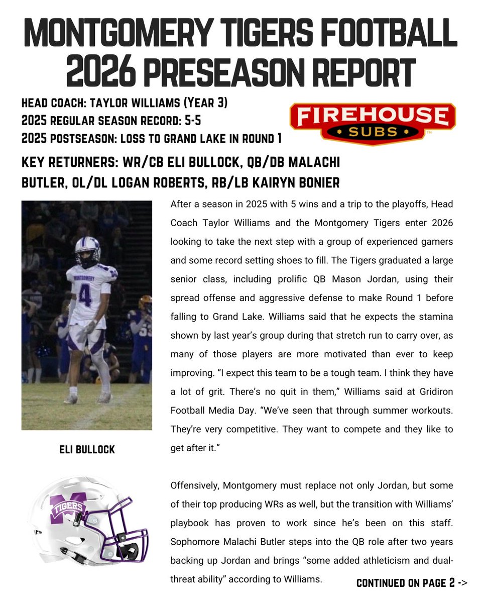 RedRiverRoundup's tweet photo. Montgomery made the playoffs last year, and has a group coming back ready for more. Tigers Football Preseason Report is below! @446Sports @EliBullock4wr @NorthshorePrepR @ShannonBelt3 @JasonDuhe @GridironFootbal @JaceLejeune @harrisonvapnek @BootBallerz @b_hoss_mac @Talkin_BallLA https://t.co/aF9bJxRItw