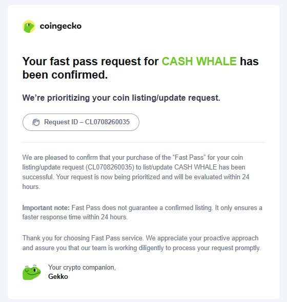 cashwhalememes's tweet photo. CoinGecko Fast Track Listing has now been PAID for $CASHWHALE! 

We’ve officially paid for the CoinGecko Fast Track Listing. Another major step forward as we continue pushing $CASHWHALE to more eyes and bigger platforms.

Request ID – CL0708260035

https://t.co/8QhK28Q5GI https://t.co/lw8iLpKHbF