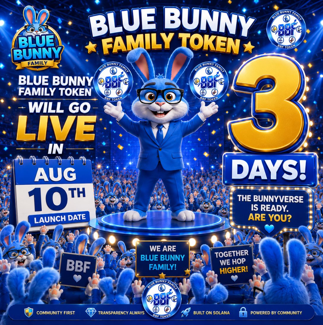 BlueBunnyFamily's tweet photo. 🐰🚀 3 DAYS TO GO! 💙

The Bunnyverse countdown is getting serious… but Blue Bunny still insists on checking his watch every 30 seconds! ⏰🥕 

In just 3 days, the Blue Bunny Family (BBF) Token launch pool goes live on August 10, and the excitement is hopping through the community.

Behind every hop is careful planning, transparent tokenomics, structured vesting, and a community-first vision. This is more than a countdown—it's the next milestone in building the Bunnyverse together.

#BlueBunnyFamily #BBF #Bunnyverse #Solana #Meteora #Crypto #Web3 #Countdown #CommunityFirst
