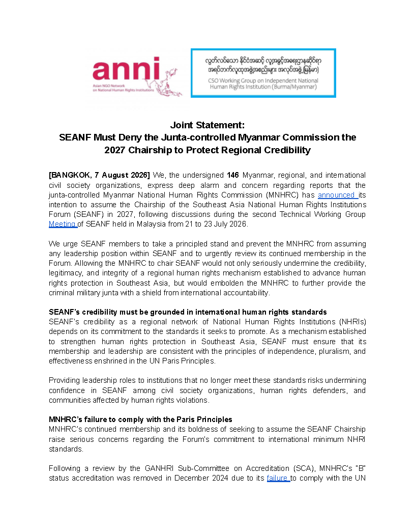 PVamplify's tweet photo. 🚨146 CSOs call on #SEANF to reject the junta-controlled #MNHRC’s attempt to chair SEANF in 2027, warning it would undermine the Forum’s credibility, legitimacy, integrity &amp; risk normalizing junta’s human rights violations. #ANNI #GANHRI #APF #Myanmar

🔗 https://t.co/z7xpuUGmk4 https://t.co/WFsAH6oQ3q