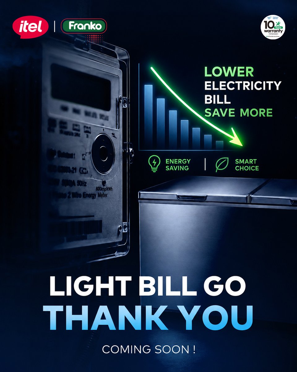 itelghana's tweet photo. Light bill go. Thank you. 👋⚡
Energy saving meets smart living. The new itel x Franko appliance is coming soon with 10-year warranty power.
Stay tuned. 💚
#itelFranko #EnergySaving #LowerBills #ComingSoon https://t.co/zV8xLj2PeJ