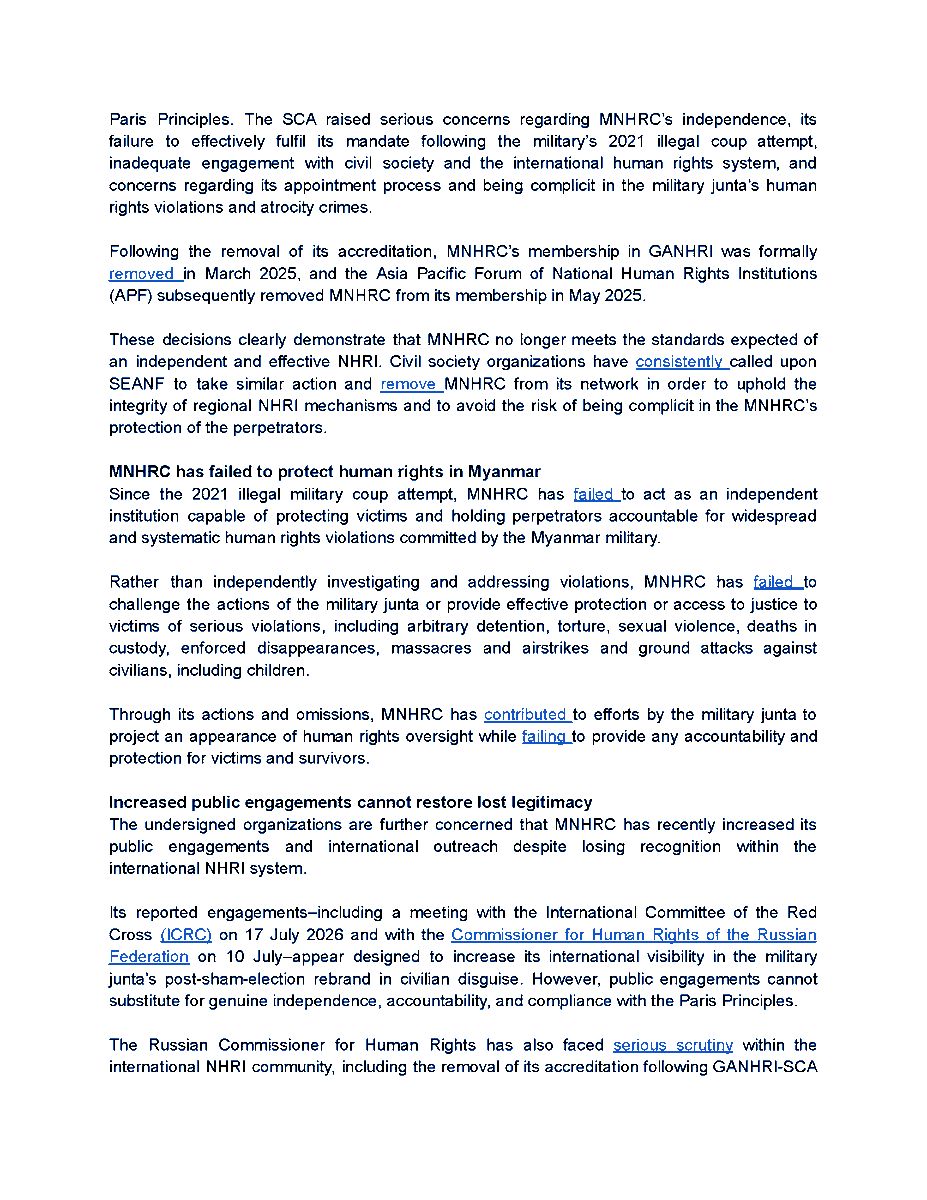 PVamplify's tweet photo. 🚨146 CSOs call on #SEANF to reject the junta-controlled #MNHRC’s attempt to chair SEANF in 2027, warning it would undermine the Forum’s credibility, legitimacy, integrity &amp; risk normalizing junta’s human rights violations. #ANNI #GANHRI #APF #Myanmar

🔗 https://t.co/z7xpuUGmk4 https://t.co/WFsAH6oQ3q
