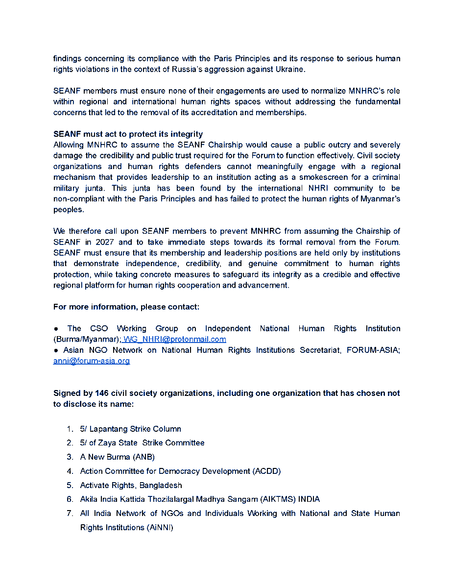 PVamplify's tweet photo. 🚨146 CSOs call on #SEANF to reject the junta-controlled #MNHRC’s attempt to chair SEANF in 2027, warning it would undermine the Forum’s credibility, legitimacy, integrity &amp; risk normalizing junta’s human rights violations. #ANNI #GANHRI #APF #Myanmar

🔗 https://t.co/z7xpuUGmk4 https://t.co/WFsAH6oQ3q