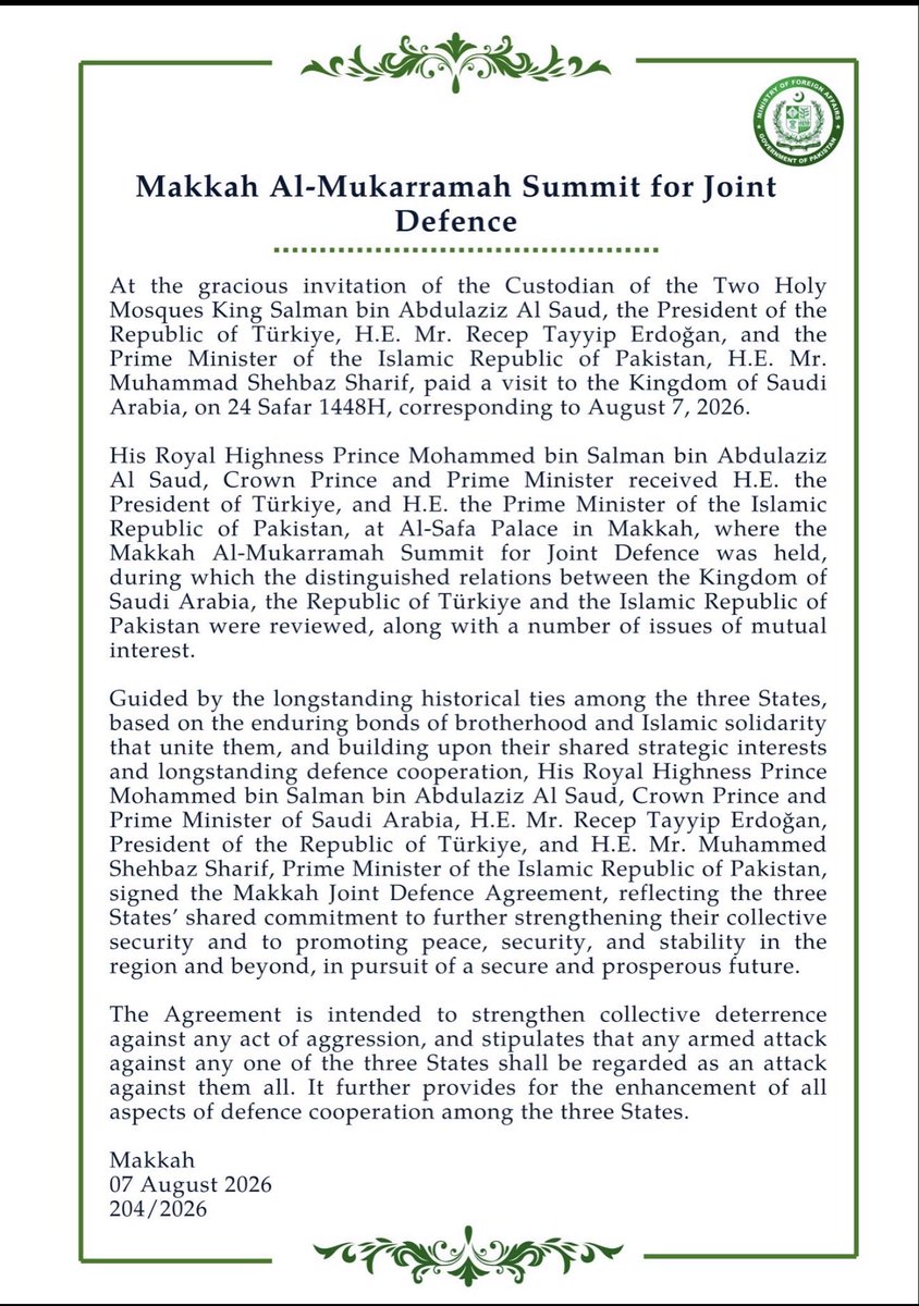 brett_mcgurk's tweet photo. New collective defense agreement signed today between Saudi Arabia, Turkey, and Pakistan, with NATO Article 5-like terms: “An attack on one of the three States shall be regarded as an attack on all of them.” It’s a fluid, tabula rasa era in the Middle East. https://t.co/CXJKhgJUEi