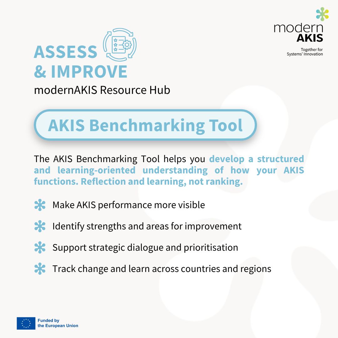 modernAKIS's tweet photo. 📊 Resource Hub Deep Dive | Assess &amp; Improve

🔍 The AKIS Benchmarking Tool helps AKIS stakeholders make system performance more visible across key dimensions, supporting reflection on strengths and areas for improvement.

📋 Reflection, not ranking. 

👉 https://t.co/P7bTEOZlZh https://t.co/t4vRkBCde4