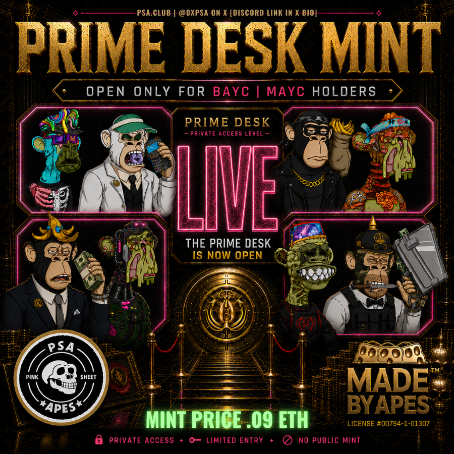0xPSA's tweet photo. THE PRIME DESK IS LIVE.

A private rail reserved for BAYC and MAYC holders.
This opening is more than access.

It is PSA paying homage to the collections, creators, and friends who helped establish the culture we all operate within.

The doors are open.
The Bank is receiving Apes.
Private access. Limited entry. No public mint.
🍌🏦