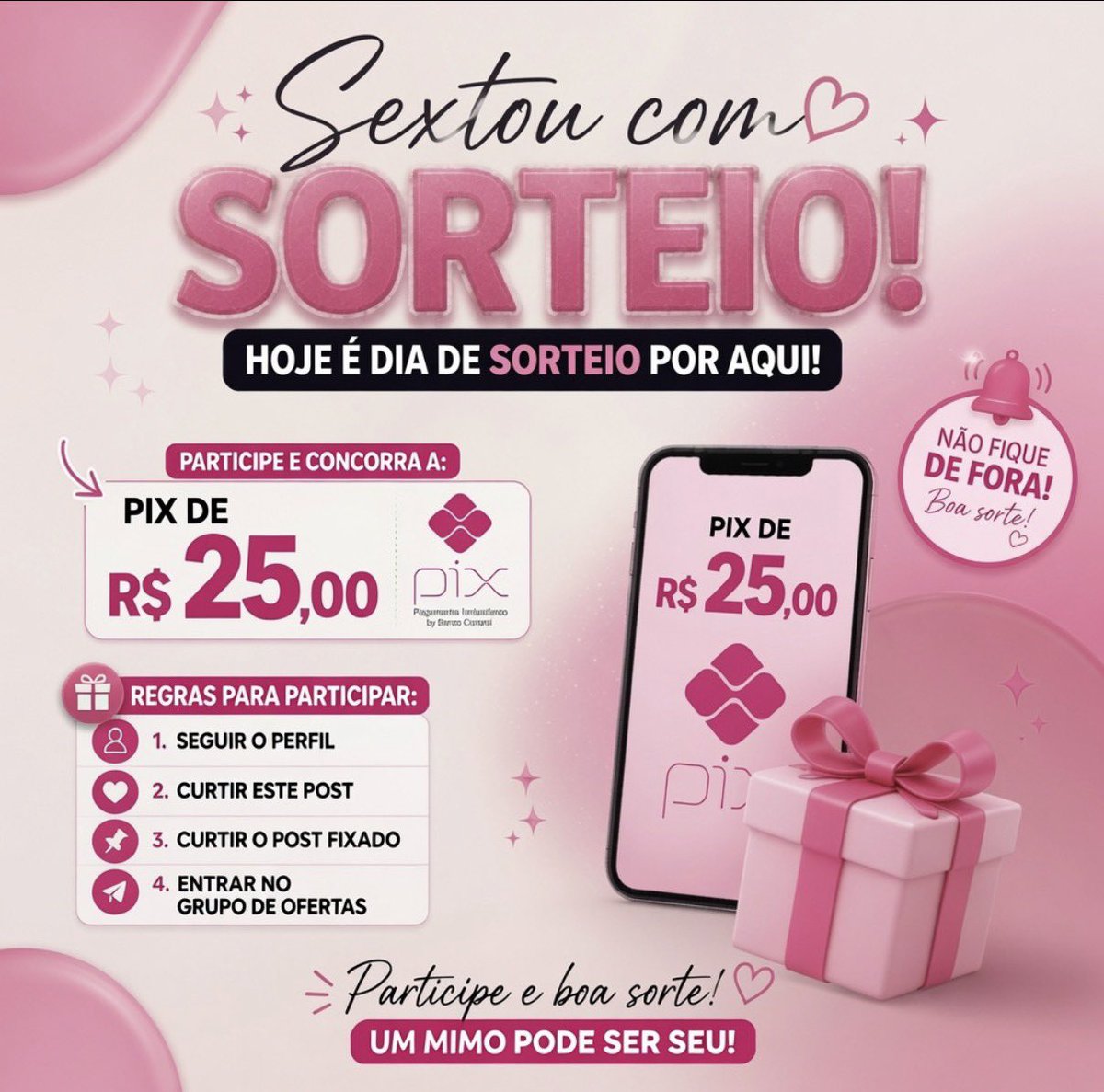 cupomdalaine's tweet photo. 🎉 SEXTOU COM SORTEIO! 🎁💖
“Ganhe um Pix R$ 25,00”

PARA PARTICIPAR⤵️
✅ Seguir o perfil @cupomdalaine  ❤️ Curtir este post 📌 Curtir o post fixado 📲 Entrar no grupo de ofertas
╰┈➤ https://t.co/QN1LSXAAY0

Prontinho! Agora é só participar e torcer muito! 🍀💗 https://t.co/DWhQpV7oIP
