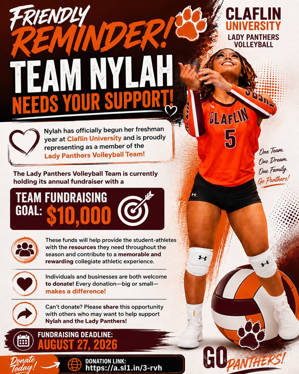 Nholmes_vball's tweet photo. 🏐🧡 Team Nylah needs your support! I’m excited to represent Claflin University this season. Every donation helps! 🐾

🔗 https://t.co/5yskpLQV2Y
#GoPanthers #TeamNylah https://t.co/YP0wnxvKtq