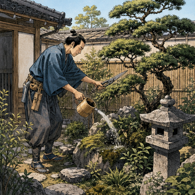ManabiManga's tweet photo. A garden in an Edo-period setting is not just scenery. Paths, water, shade, tools, and seasonal care can all tell a quiet story about how a place is used. https://t.co/0IJrBDQ1IM