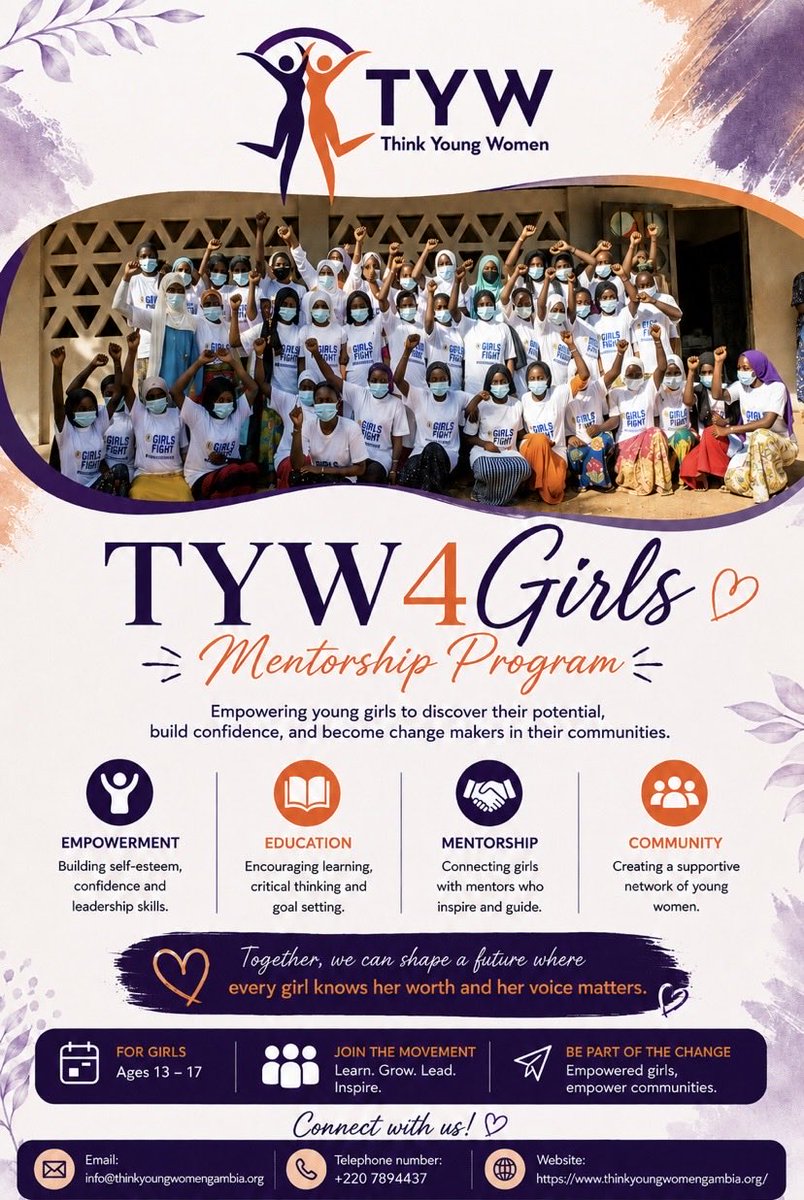 ThinkYoungWomen's tweet photo. Applications are now open for the TYW4Girls Mentorship Program.
Girls aged 13–17 in the Greater Banjul Area & West Coast Region are invited to apply.
Grow, learn, lead, and be empowered.
Register here: https://t.co/cQ2oqXO14J
#TYW4Girls #ThinkYoungWomen #GirlsLead #TheGambia https://t.co/VWLuEGaIil