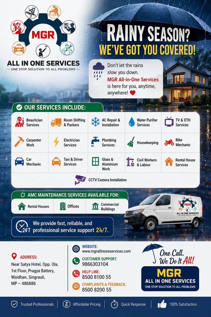 OneStopMGR's tweet photo. 🌧️ Rainy season problems? One call is all it takes! ☔
🌐 https://t.co/l1byGTWXh7

#MGRAllInOneServices #MonsoonReady #SingrauliServices #HomeMaintenance #OneCallWeDoItAll https://t.co/6UHbYOWviV