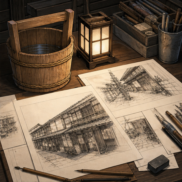 ManabiManga's tweet photo. For a manga scene about row houses, I look for the work around the main action. What is being carried, checked, repaired, or prepared? Those details let the setting do some of the storytelling. https://t.co/J6dEAZC67g