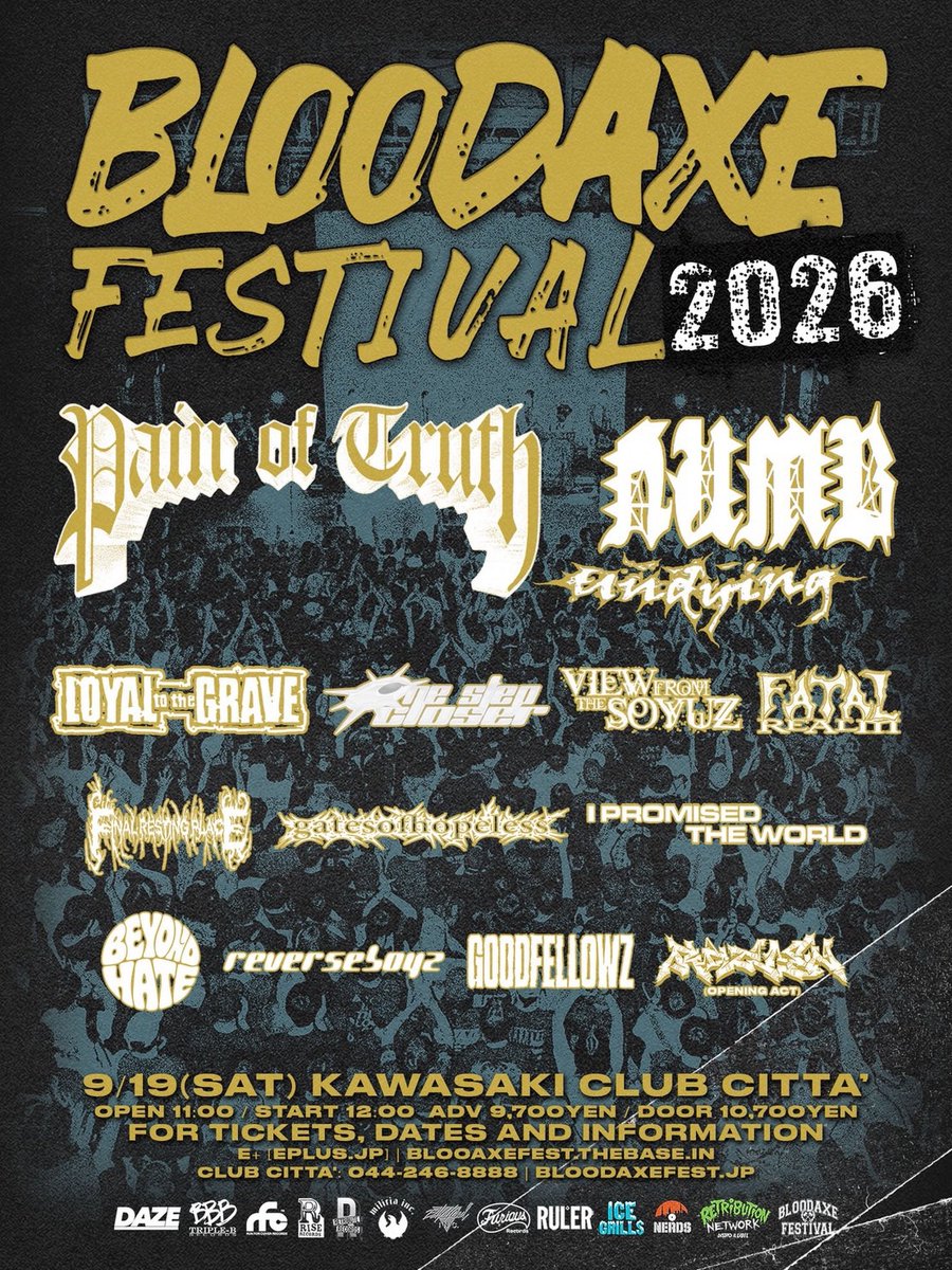 BloodaxeFest's tweet photo. 【NEWS】
BLOODAXE FESTIVAL 2026ヘッドライナーとして3年振りに来日を果たす @painoftruthhc の単独ツアーが決定！

今やローカルHC SHOWはもちろん、オーバ－グラウンドでも数多くプレイし世界の現行ハードコア・シーン人気/実力ともにトップの一つとして君臨するPAIN OF TRUTH〜新譜のリリースも予定しこちらのDENZEL CURRYとのコラボも圧巻！

茨城公演では @truefight_nk との熱い2MAN SHOWが決定するなど、現状で国内各地ライブハウスで見れるのは貴重かと思いますのでフェスと合わせて是非よろしくお願いします。

::チケット情報::
8/8(土)10:00〜販売開始
■先行チケット: BLOODAXE公式STORE
https://t.co/d5OExeGlmp

■ Will Call for international customer: info@bloodaxefest.jp

Design by @YOYO_T