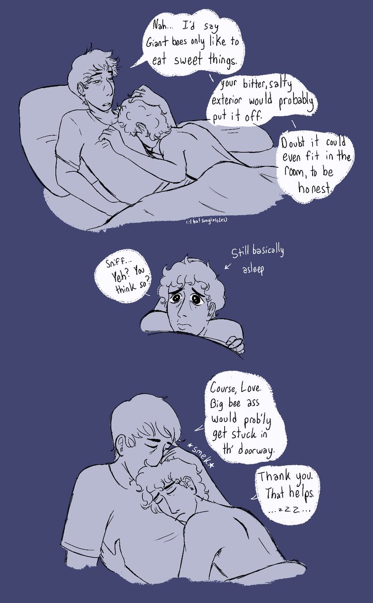 lilBatSunglass's tweet photo. A sketch request from tumblr 💕 a-human-beann asked “Please can you do dnp cuddling after dan has had a nightmare? <3”

He dreamed a giant bee was out to Get Him. Phil tries his best. 
#phanart #danandphil https://t.co/tjP3DZjRkV