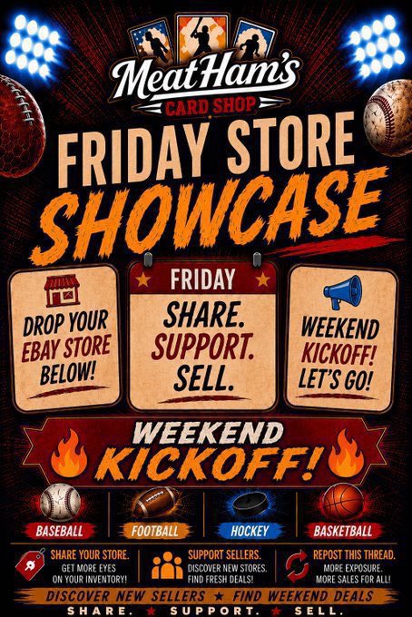 Gbpoker0710's tweet photo. 🚨 FRIDAY STORE SHOWCASE! 🚨

Happy Friday, everyone! We made it to the weekend! 🔥

Drop your eBay store below! 👇

Let’s kick off the weekend by putting some fresh eyes on everyone’s inventory and supporting fellow hobby sellers.

🤝 Follow a few sellers.
❤️ Like a few listings.
🔄 Repost this thread.

SHARE. SUPPORT. SELL.

#TBBCrew #TBBReposts