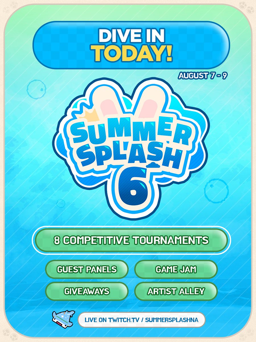 summersplashna's tweet photo. 🌅Summer Splash is finally here! 🚤

Join our jam-packed weekend of gaming! See 8 tournaments in major gaming titles, industry panels from the best, virtual artist alleys, and more!

Participate August 7-9th by joining the Discord in our bio!

Catch us on https://t.co/JRnTJIm1Qy with someone of your favorite games 🐳

🎨: @FastDashing