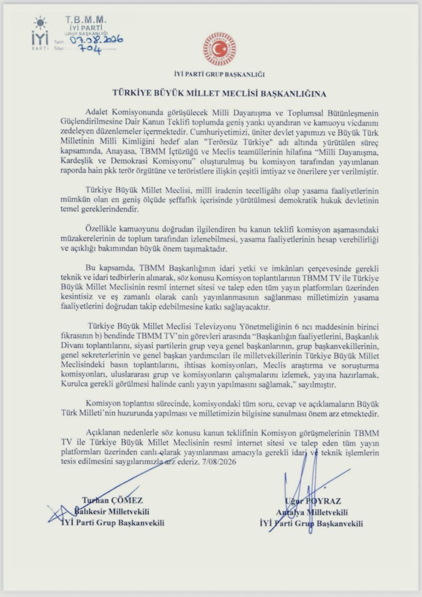 iyipartitbmm's tweet photo. “Milletimizden Gizlemeyin!”

Çerçeve Yasa görüşmelerinin Tören Salonu’nda, canlı yayınla yapılması, şehit yakınlarımızın ve gazilerimizin dinlenmesi için TBMM’ye başvurduk.

Bu yasa kapalı kapılar ardında görüşülemez.

Kapıları açın! Türk milleti görsün ve duysun! https://t.co/2zJwbO9QDR