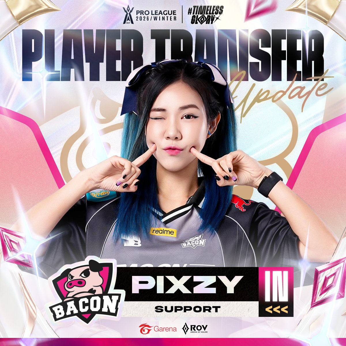 GarenaRoVTH's tweet photo. เจ้าหมูเสริมทัพ! 🐽Bacon Time คว้าตัว "PIXZY" เสริมทัพตำแหน่ง Support ก่อนเปิดศึกซีซันใหม่ใน RoV Pro League 2026 Winter🏆 ที่จะเปิดฉาก 22 สิงหาคมนี้!

#RPL2026Winter #TimelessGlory #RoV https://t.co/cBr7ZEYxCz