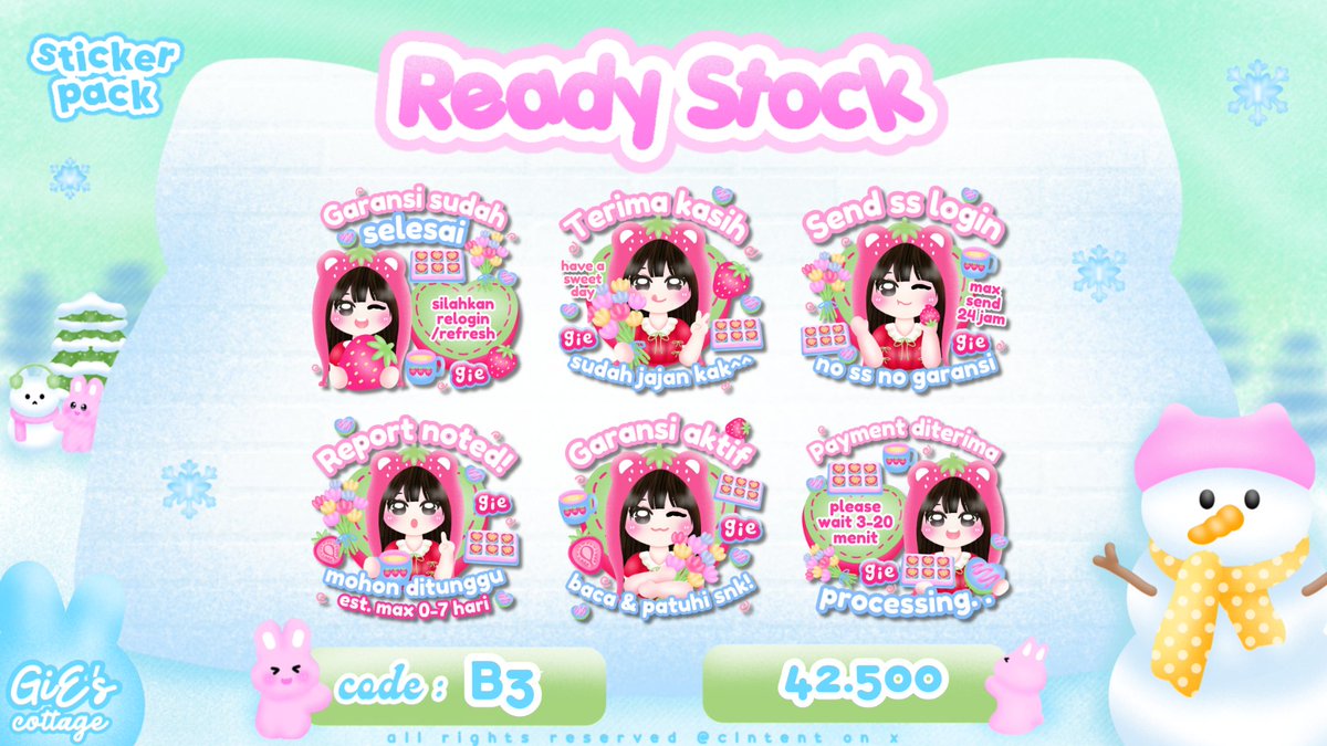 clntent's tweet photo. please help retweet, thankuuu <3

haayii GiE kambek bawa 3 Ready Stock layout wabis dan 9 pack stiker handrawn chibi

❄️ prici tertera di pic yaaw, all free retext :3, silahkan dijempuut by 📩 / wea fastie di biyo
❄️ aku open req/custom juga iaa 🩷 https://t.co/YSn7JQaDUU