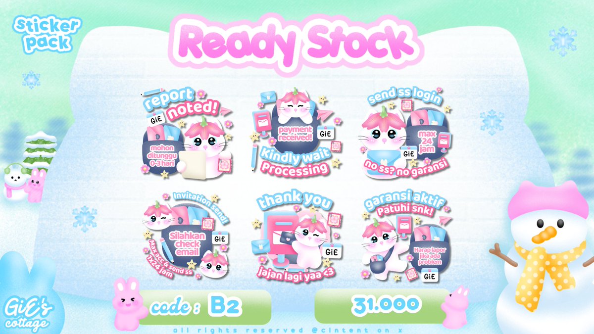 clntent's tweet photo. please help retweet, thankuuu <3

haayii GiE kambek bawa 3 Ready Stock layout wabis dan 9 pack stiker handrawn chibi

❄️ prici tertera di pic yaaw, all free retext :3, silahkan dijempuut by 📩 / wea fastie di biyo
❄️ aku open req/custom juga iaa 🩷 https://t.co/YSn7JQaDUU