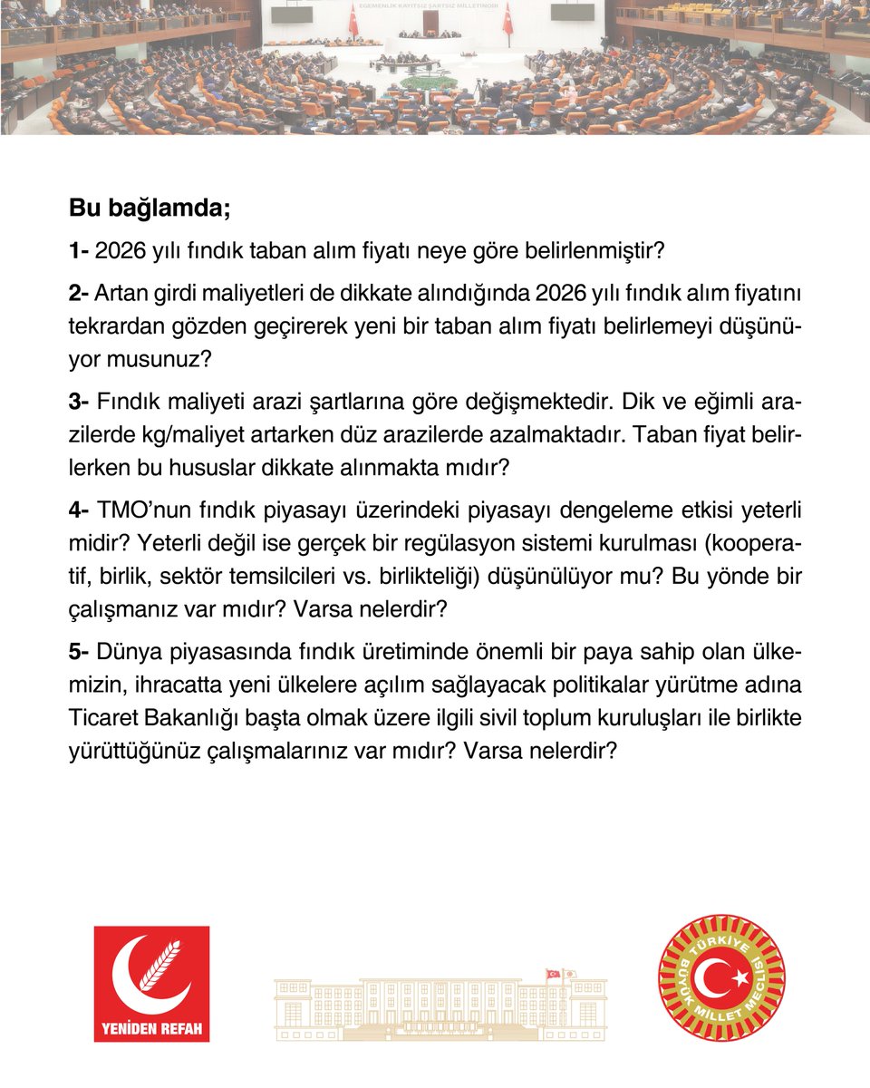 rprefahpartisi's tweet photo. 2026 Yılı fındık taban alım fiyatına yönelik yazılı soru önergemiz Genel Başkan Yardımcımız ve İstanbul Milletvekilimiz Doğan Bekin tarafından TBMM’ye sunulmuştur. https://t.co/S8w90OipXY