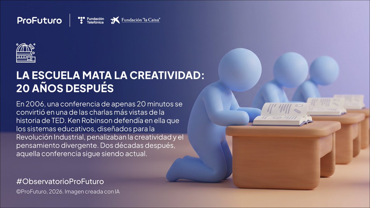 ProFuturo_'s tweet photo. En 2006, Ken Robinson subió al escenario de TED con una pregunta que llevaba años rondándole: ¿la escuela mata la creatividad? 💡 

Robinson defendía que todos los niños nacen con una capacidad enorme para imaginar, pero que la escuela va apagándola poco a poco: "Si no estás preparado para equivocarte, nunca harás nada original". 🧠 

20 años después, hasta la OCDE ha incorporado el pensamiento creativo a PISA, y la pregunta de Robinson sigue abierta. 🧐

Aquí te contamos cómo: https://t.co/0mihsrYQ5D
