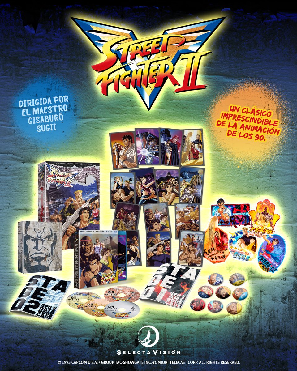SelectaVision's tweet photo. 🥋🔥 ¡La mítica serie Street Fighter II V llega en DVD y Blu-ray en una edición imprescindible!
Prepárate para volver a la lucha con a Ryu, Ken y Chun-Li en su viaje alrededor del mundo enfrentándose a los luchadores más poderosos y a la amenaza de Bison y Shadowlaw.

La Edición Coleccionista incluye:
💥 8 chapas
💥 5 stickers
💥 14 maxicards
💥 Libro de 42 páginas
💥 Artbook de 36 páginas
🎁 Álbum de cromos ¡Solo en la edición exclusiva web de SelectaVisión!
🎁 ¡Reserva ahora la edición exclusiva web y llévate también la película DE REGALO! 

🔔 Ya disponible para reservar en: https://t.co/wFdjS9maLn
🗓️ Fecha de lanzamiento: 28/10

#StreetFighter