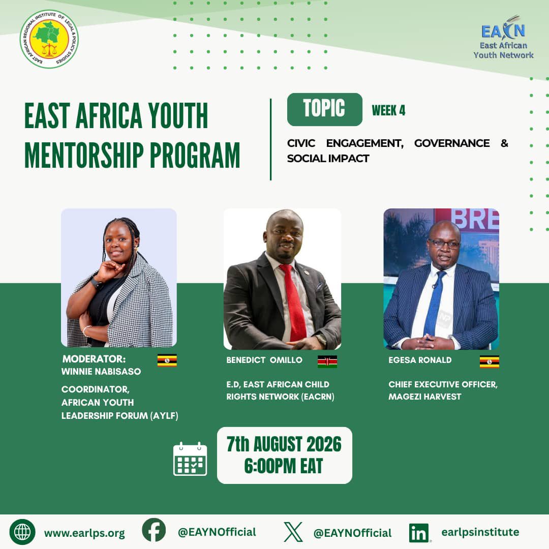 EAYAcademy's tweet photo. Week 4 of the East Africa Youth 

Mentorship Program is here!
Exploring Civic Engagement, Governance &amp; Social Impact. Empowering young leaders to take action and influence change.
@EAYNOfficial #EAYMP #YouthLeadership  #SocialImpact #EastAfrica #YoungLeaders #LeadershipForChange https://t.co/BBJ322cTcD