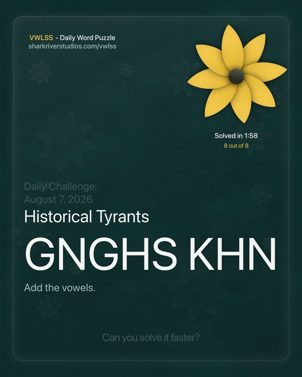 jaywardell's tweet photo. I finished today's VWLSS challenge.

VWLSS • Aug 7
🌼🌼🌼🌼🌼🌼🌼🌼
1:57
Historical Tyrants

Play it here: https://t.co/8lxJcjrwk0 https://t.co/u6vHjE1BVx