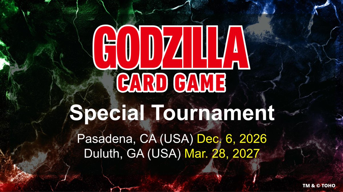 godzilla_tcg_en's tweet photo. 🦖 Stomping into USA! ⚔️

Look forward to participating in the #GodzillaCardGame Special Tournament in Pasadena and Duluth, USA!

🔗 https://t.co/2PfzaWY1iu

#Godzilla #GodzillaCardGame #TCG https://t.co/ZbgDeOK2TT
