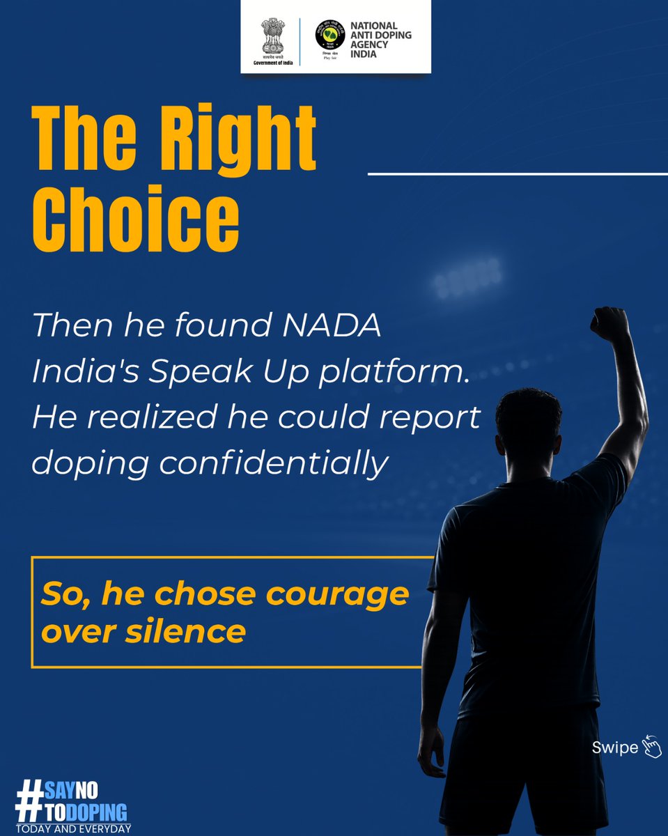 NADAIndiaOffice's tweet photo. Don’t let the fear of speaking up overshadow the spirit of clean sport. 

Report suspected doping through the NADA India Speak Up Platform. Every report is treated confidentially, and your identity is protected to help safeguard fair play.

Call: +91 92051 45557
Email: speakup-nada@gov.in
#Antidoping #Athlete #Speakup 
@afiindia @kheloindia @FitIndiaOff @IndiaSports @YASMinistry @mansukhmandviya @Media_SAI @PIB_India