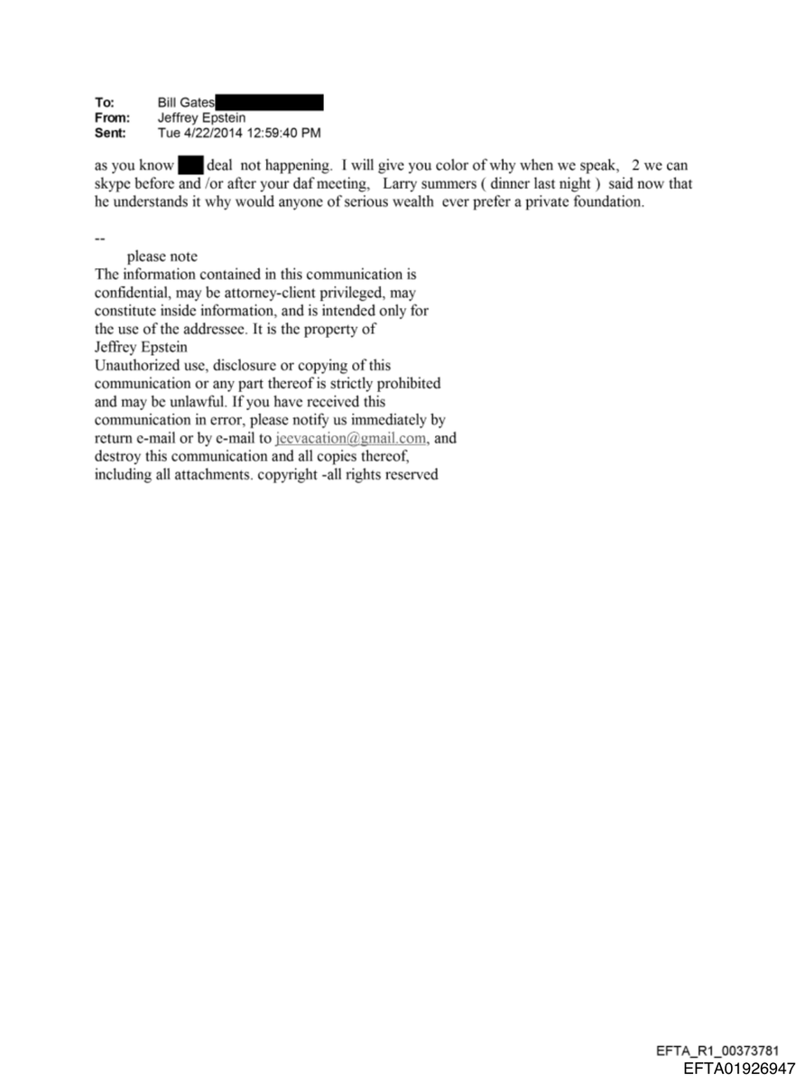 epsteinsearchin's tweet photo. Jeffrey Epstein was coaching Bill Gates on his giving.

April 22, 2014, Epstein to Gates: "we can skype before and /or after your daf meeting."

He relayed what Larry Summers said at dinner: "why would anyone of serious wealth ever prefer a private foundation." https://t.co/jIXbFQSByI